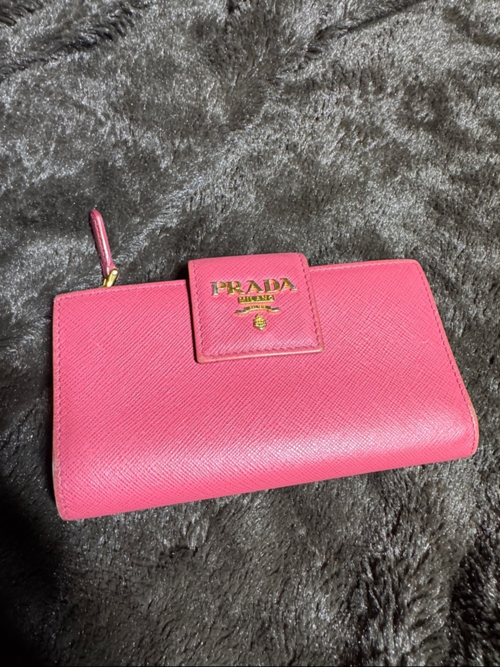 Prada Hot Pink Saffiano Leather Zip Wallet with Gold Logo